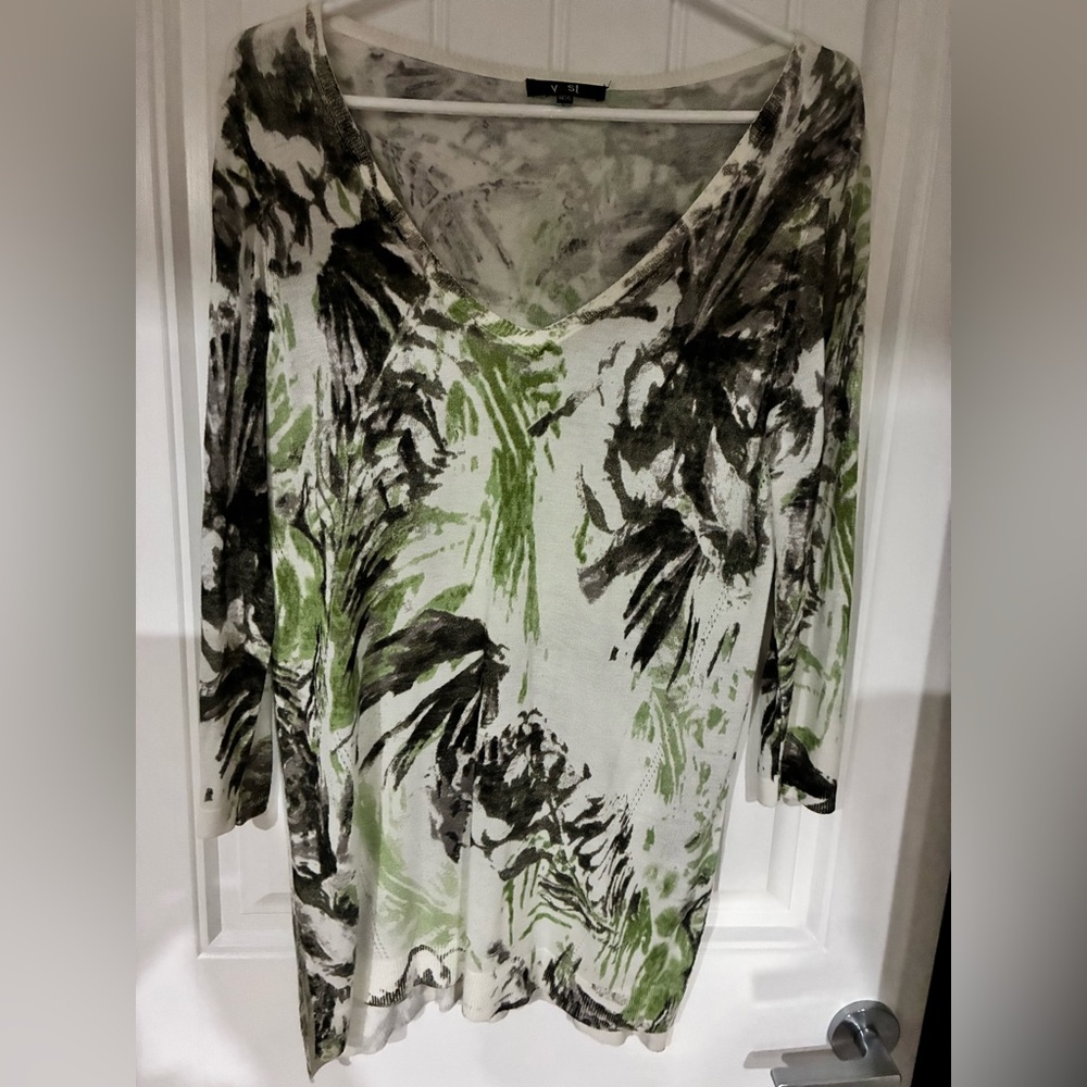 Yest V-Neck Sweater/Tunic with Green and Black Pattern side slits